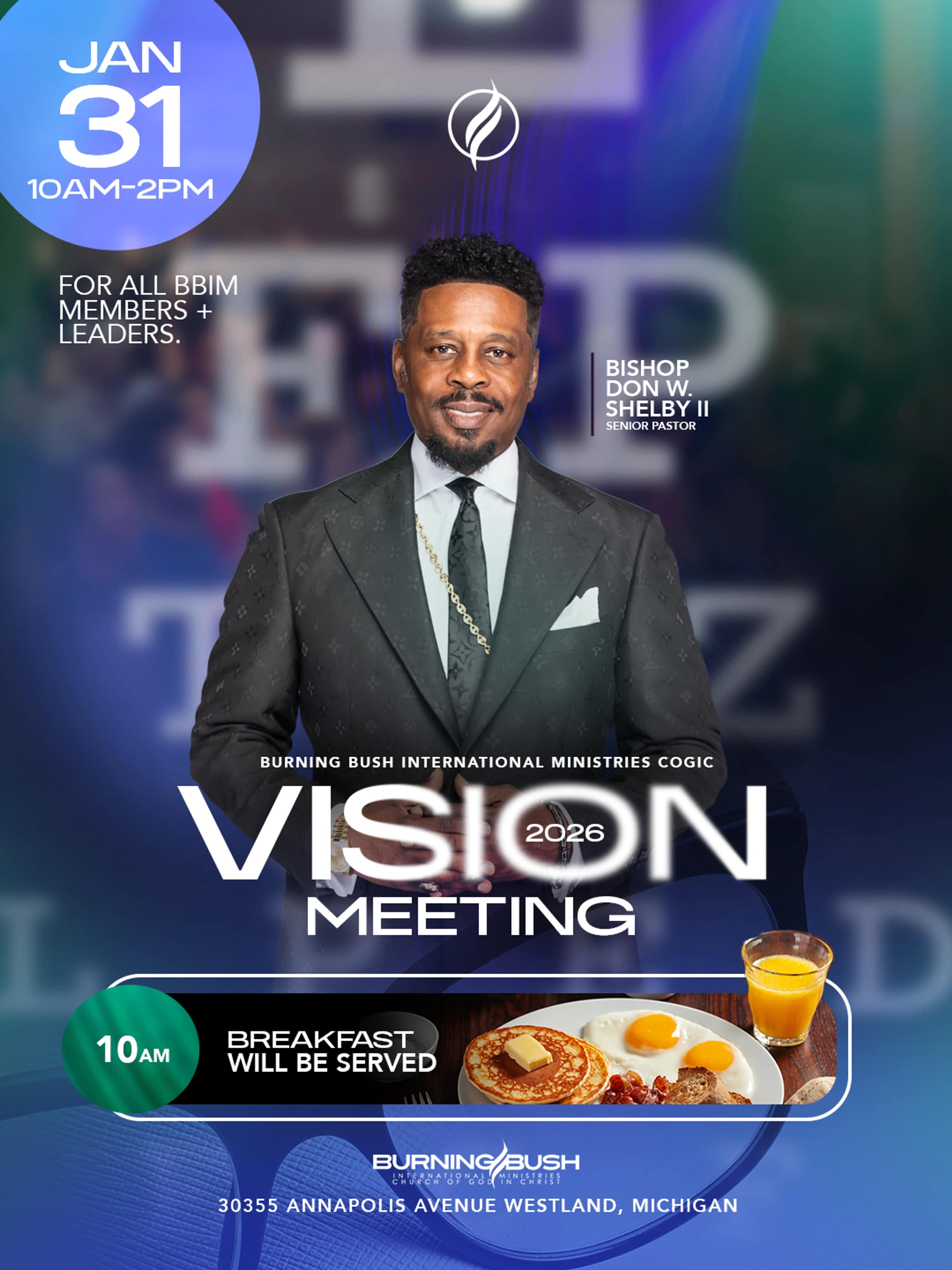 Flyer for a Vision 2026 Meeting on Jan 31, 10am-2pm, featuring Bishop Don W. Shelby II. Breakfast will be served at the Westland, Michigan location.